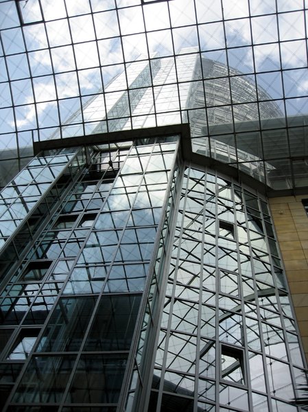 futuristic glass office tower