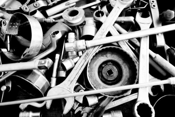 b&w image with car tools