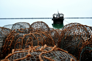 Fishing nets and fishing boat: One single fishing boat is anchored in the distance and at the front on the sandy shore the fishing nets are waiting to be picked up for the next fishing trip. The water of the sea has no waves, it is tranquil and the whole scenery is calming and relaxing