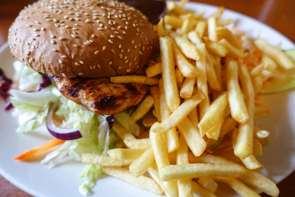 chicken burger with fries
