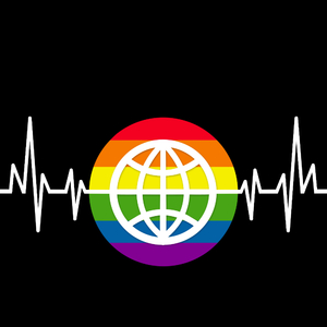 One love human rights: A rainbow lhbt globe symbol with heartbeat. Respect, freedom and equality for all