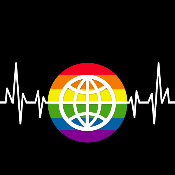 One love human rights: A rainbow lhbt globe symbol with heartbeat. Respect, freedom and equality for all