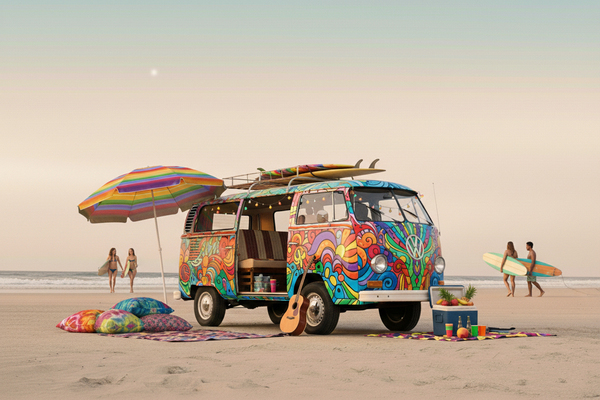 Retro hippie van: Hippie retro car on the beach with surfers (ai)