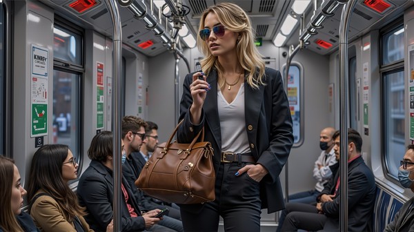 Fashionable Woman on Train: A graphic of a fashionably-dressed blonde woman wearing sunglasses and carrying a large handbag is standing on a commuter train. Image copyrighted to me. For use outside site's permissions, please contact me directly. Image is a graphic so no model releas