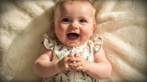 Smiling Happy Baby 3: Graphic of a smiling happy baby with fair skin, dark eyes, and light blonde hair lying on a fluffy, light cream blanket. Image copyrighted to me. Use strictly within the site guidelines or contact me directly to discuss.