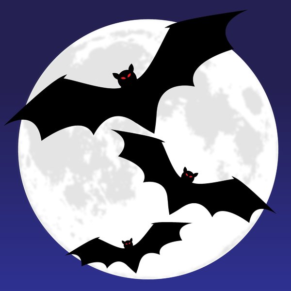 Bat Moon Blue: Bats silhouetted against a full moon in a night sky.