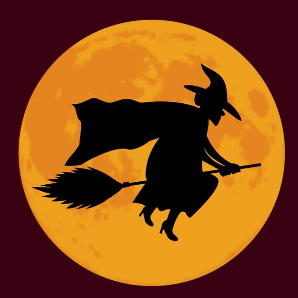 Witch Moon Maroon: Witch on broom silhouetted against a full moon.