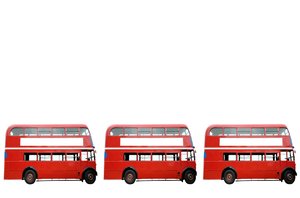 Three Red Buses: Three red London buses against a white background