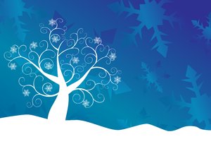 Blue Snowflake Tree: Abstract siwirly snowflake tree and snow against an abstract snowflake gradient background.