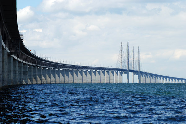 Oresund Bridge 2: Oresund bridge between Denmark and Sweden, completed july 2000. The bridge has one of the longest cable-stayed main spans in the world at 490 metres. The height of the highest pillar is 204 metres.
