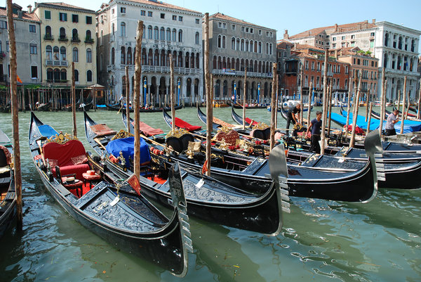 Gondola Parking: Line-up of Gondalas, Venice, Italy.