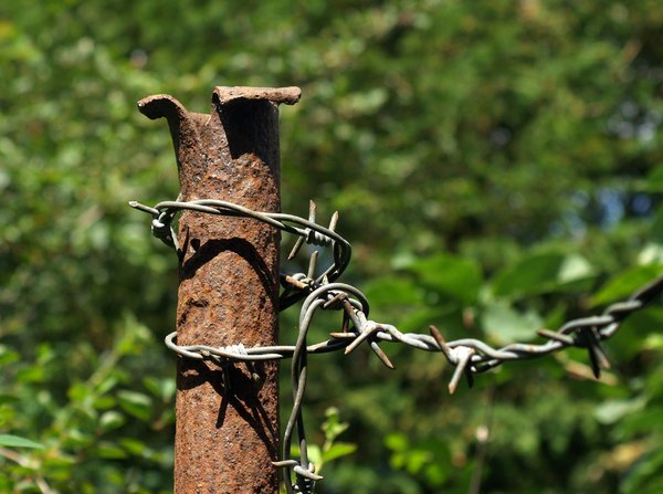 Barbed wire on a pole