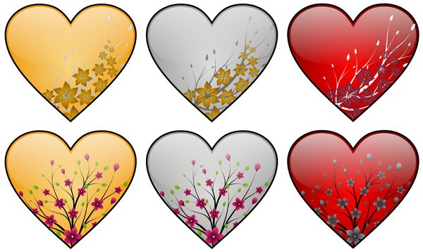 Hearts Set 01: Hearts set with floral motives on the white background
