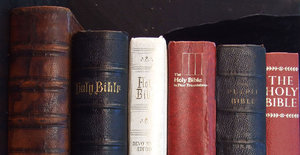 Bible collection: row variety of old and current Bible