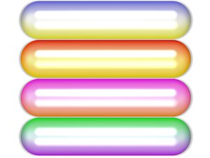 Web Buttons: Shiny, multicoloured rounded rectangular web buttons or banners with glossy reflections. White background.