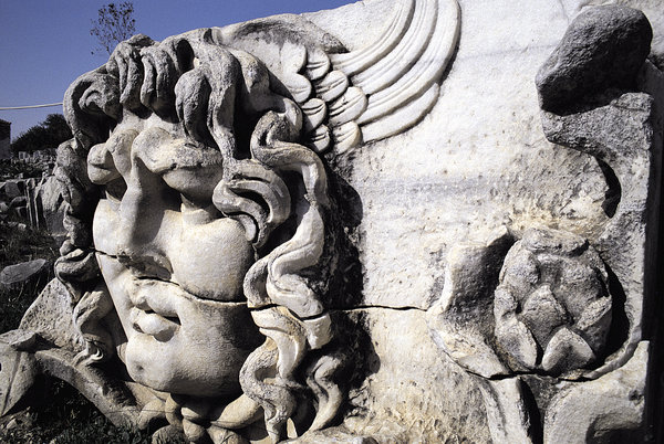 Medusa: The head of Medusa, a demon of ancient Greek mythology, in marble, Didyma/Turkey