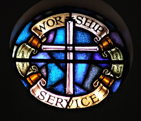 Christian call window: stained glass - art glass windows with a Christian call to worship and service
