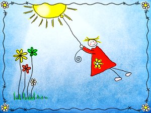 Hang in there: Illustration of a girl hanging from the sun