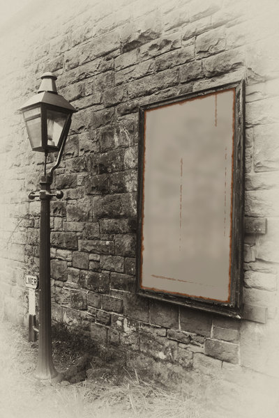 Old sign with gas lamp: Old style photograph with a gaslamp and advertising board for your own content.