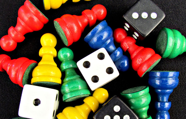 in the game: various coloured games pieces or components