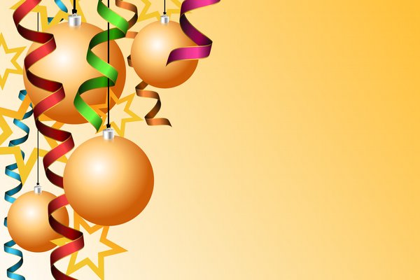 Christmas  - New Year: serpentine, christmas balls and stars on a yellow background