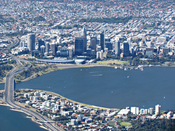 down in the city & suburbs: looking down on the Australian city of Perth, the Swan River and some suburbs