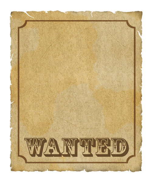 Wanted Poster 2: Grungy parchment poster:  Wanted with border.  Lots of copy space.