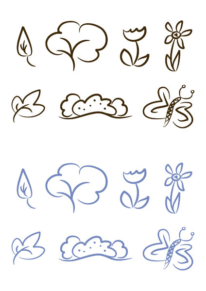 Symbol/Icon set: Nature: Set of seven simple nature illustrations including leaf, tree, flower, bush and butterfly (two color versions included)