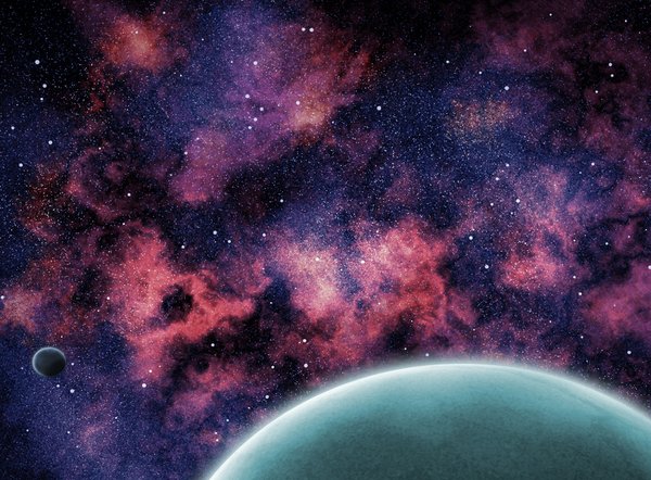 Planets and Nebula: Digitally rendered planets against nebula.