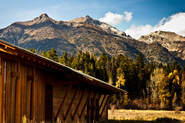 Building with Mountain: Building shadowed by Grand Tetons.