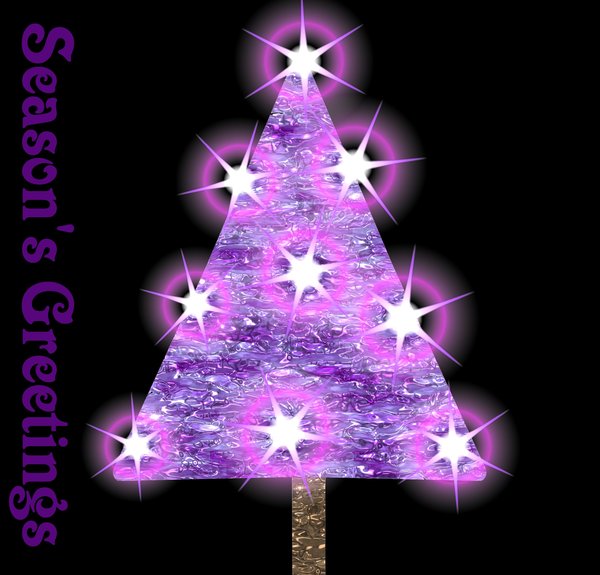 Tree with Stars: Magical lights around an abstract textured xmas tree in shades of pink and purple, against a black background.