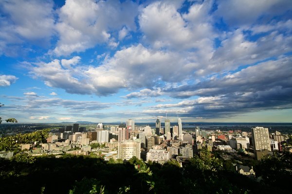 Montreal Cityscape: Wide-angle cityscape of Montreal, Quebec, as seen from Mount Royal.