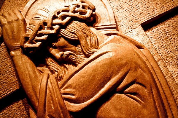 Burden of Christ: Mural sculpture of Jesus Christ in Oratoire Saint-Joseph, Montreal, Quebec (Canada).
