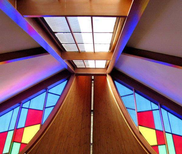 colour corner inside1: interior view of  abstract stained glass windows