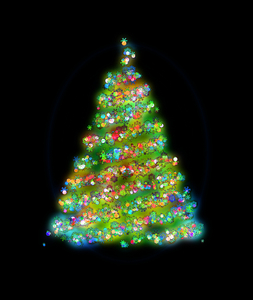 Glowing Christmas Tree 2: A glowing Christmas tree with baubles, lights and snowflakes, against a black background.