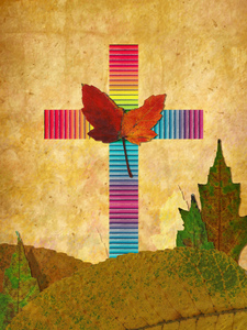 Colorful Cross: A Christian cross collage made with natural leaves.