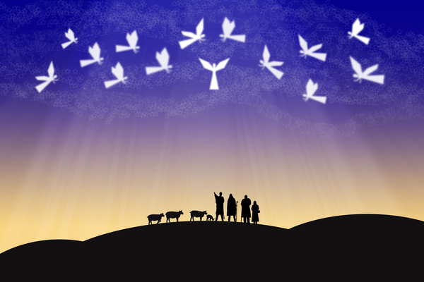Bethlehem angels and shepherds: Graphic depiction of angels and shepherds by Bethlehem.