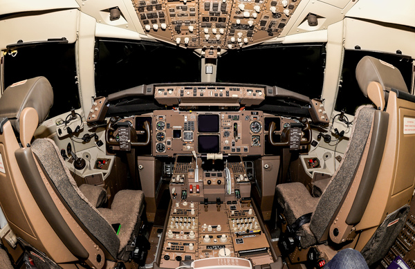 Cockpit: Cockpit view of a commertial airplane