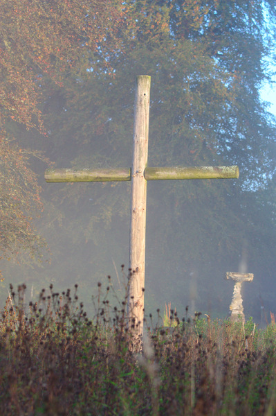 Wooden cross in garden