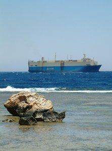 big ship: A big blue merchant ship on the Red Sea