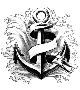 Anchor and banner: Hand drawn illustration of an anchor with banner