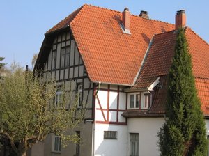 red roof on half timbered hous: red roof on half timbered house