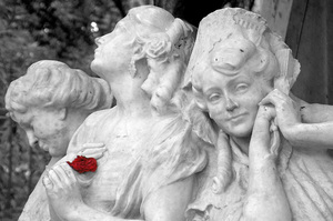 Statue of the 3 Love Stages: The 3 love stages: hope, passion and deception. From the Maria Luisa Garden of Seville.Original in greyscale with a 'recoloured' red flower.