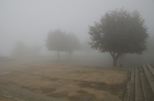 Fog at the monastery: Picture at the Santuario della madonna della guardia in the hills of Genova, Italy