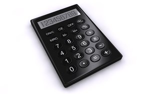 Calculator: An abstract picture of a simple calculator on a whit background. There is a black and a blue version in different angles.
