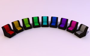 Couche: Color Variations: An abstract picture of a blakc leather couche with the seats in 9 different colors, positioned in a half circle on a soft background