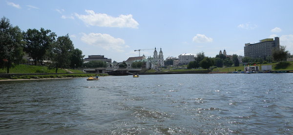 Minsk River: The Svislach River (I believe) flowing through Old Town, Minsk, Belarus. Its a very popular spot for recreation.