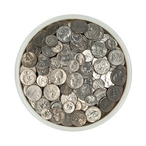 Bowl of Coins: A drop-down shot of a bowl of quarters and dimes.
No pennies or nickels.