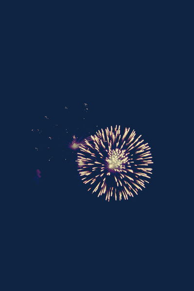 Fireworks: Bright yellow/violet fireworks against a dark blue sky.