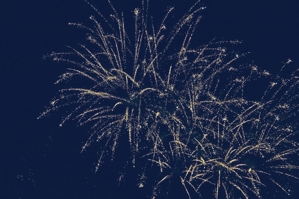 Fireworks: Pale gold fireworks finale against a dark blue sky.